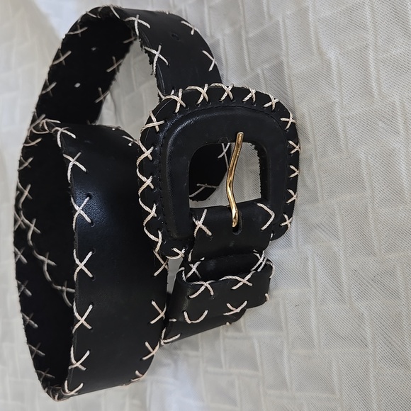 Express Black Genuine Leather Belt with Off White Cross Stitching Size M - Picture 1 of 7